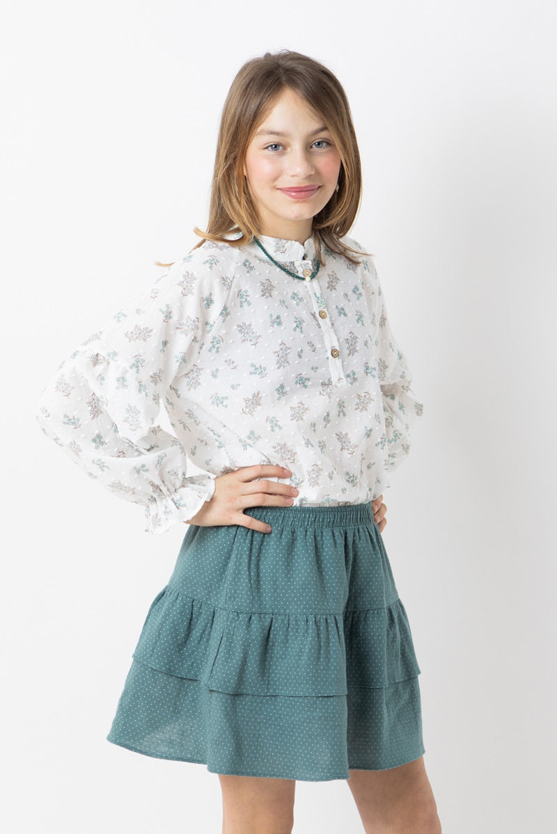BLU07 Blusa romántica florecita verde