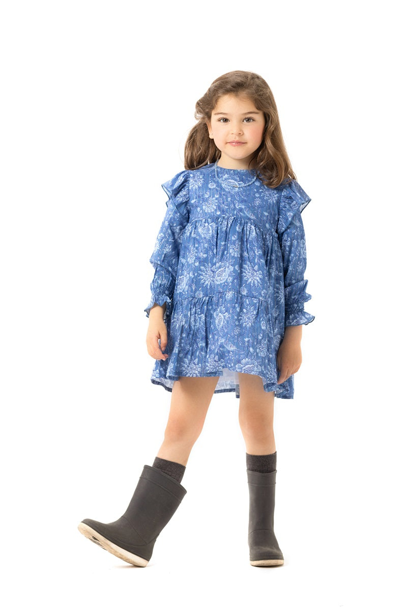 VES03 Vestido bucólico flor azul raya lúrex