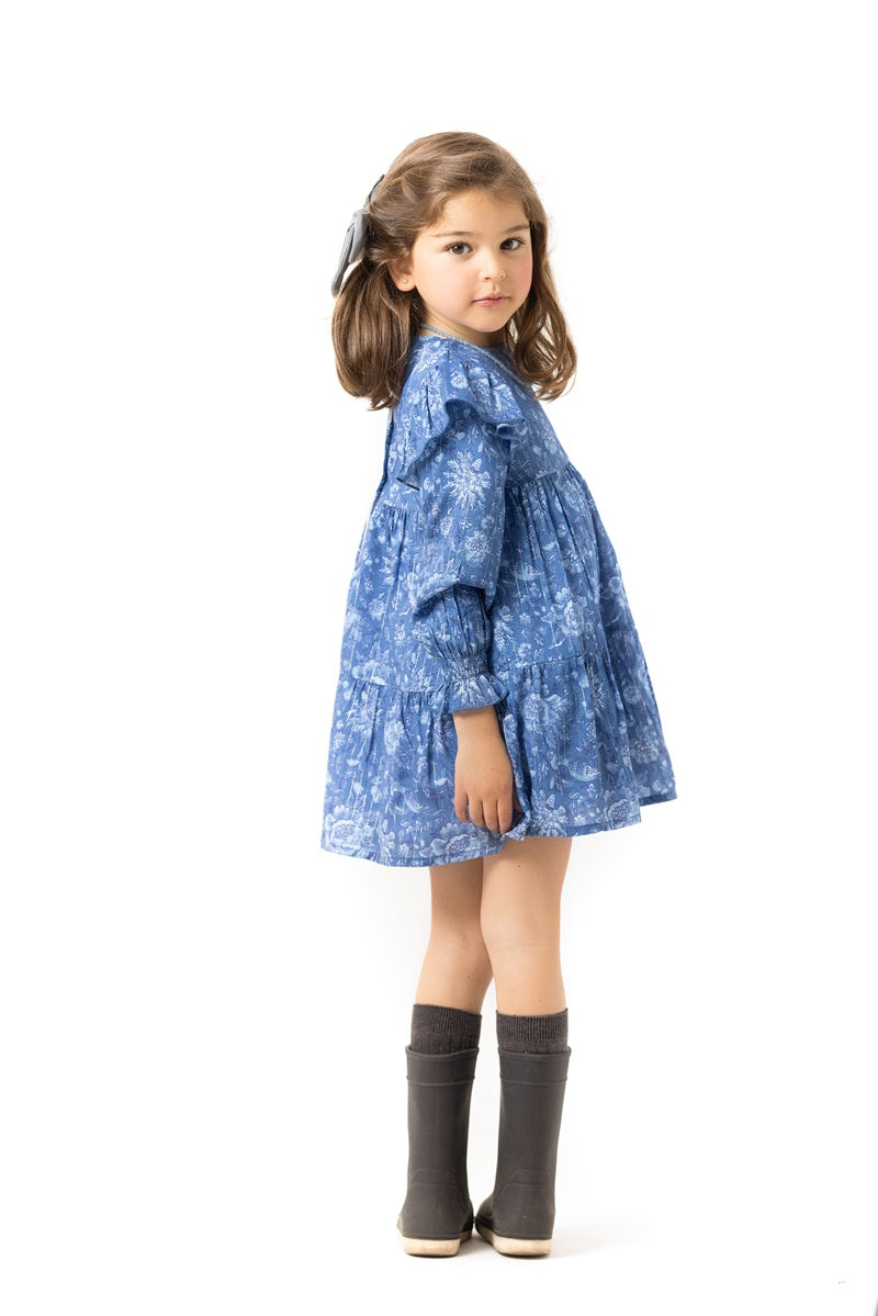 VES03 Vestido bucólico flor azul raya lúrex