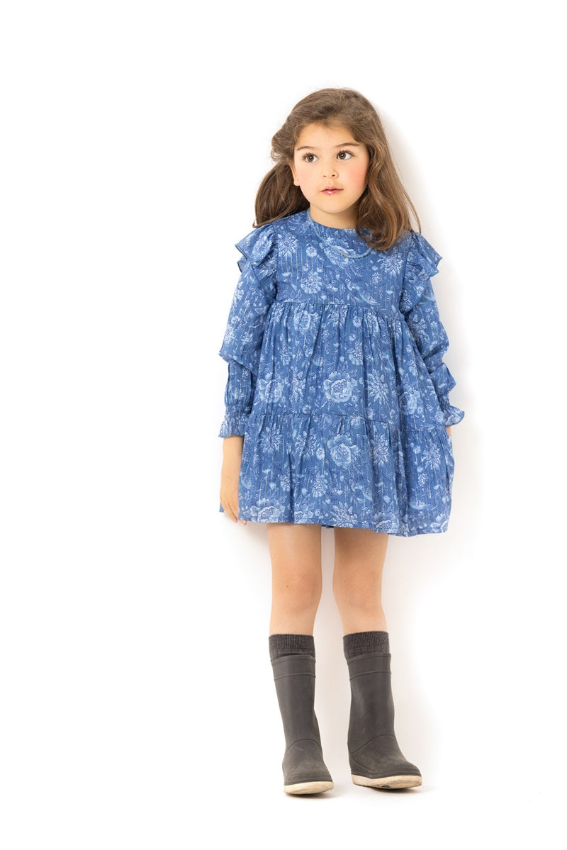 VES03 Vestido bucólico flor azul raya lúrex