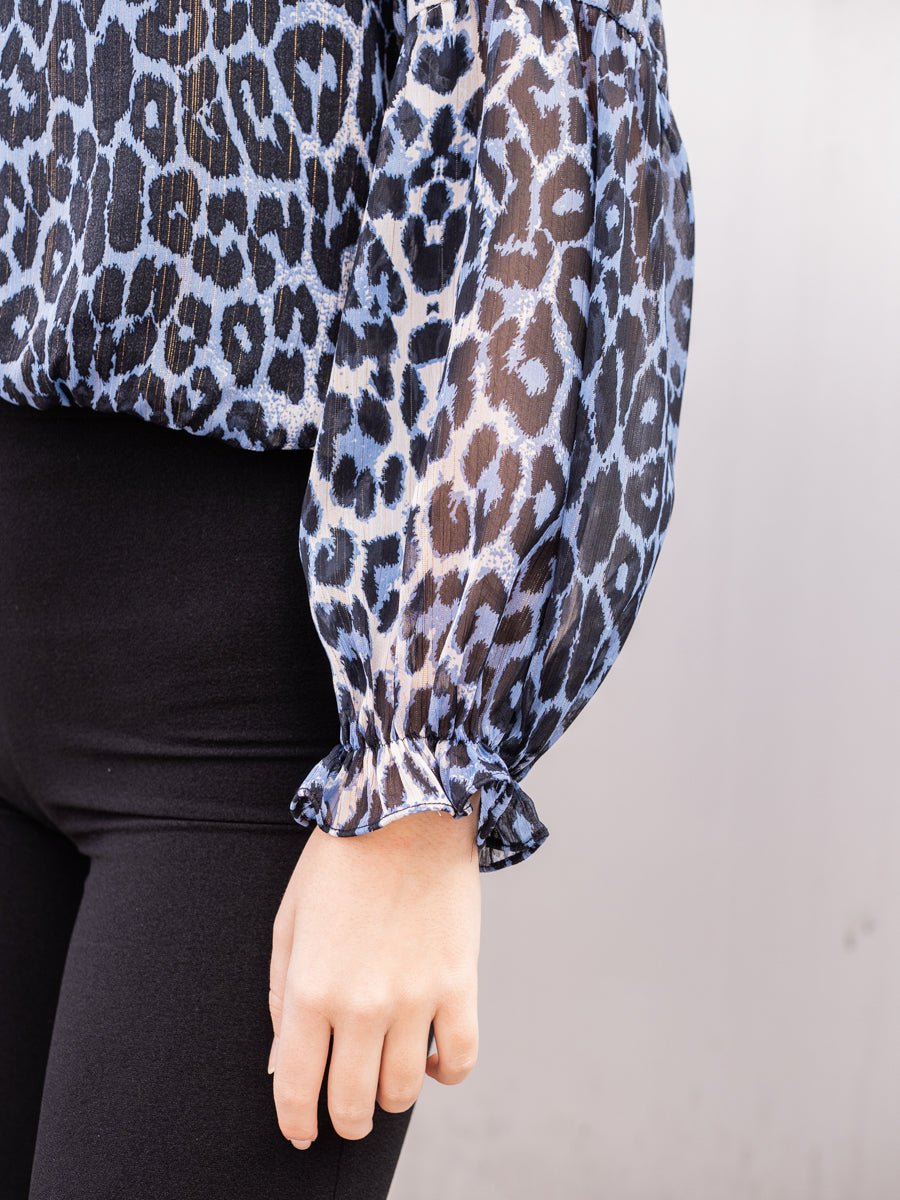 BLUT09 Blusa manga abullonada animal print azul