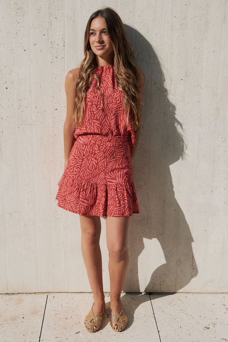 FAL04 Falda corta hojas coral