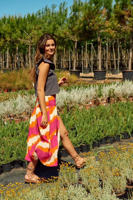 FALT05 Falda larga fucsia naranja