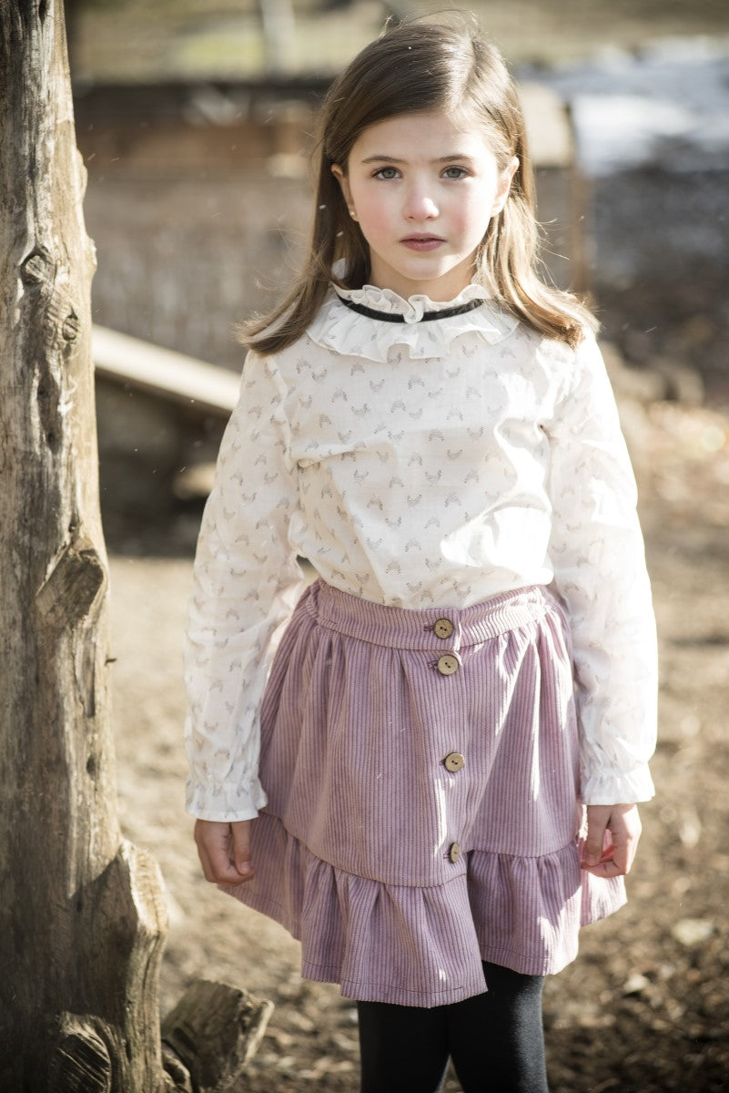 FAL05 Falda abotonada volante pana rosa viejo