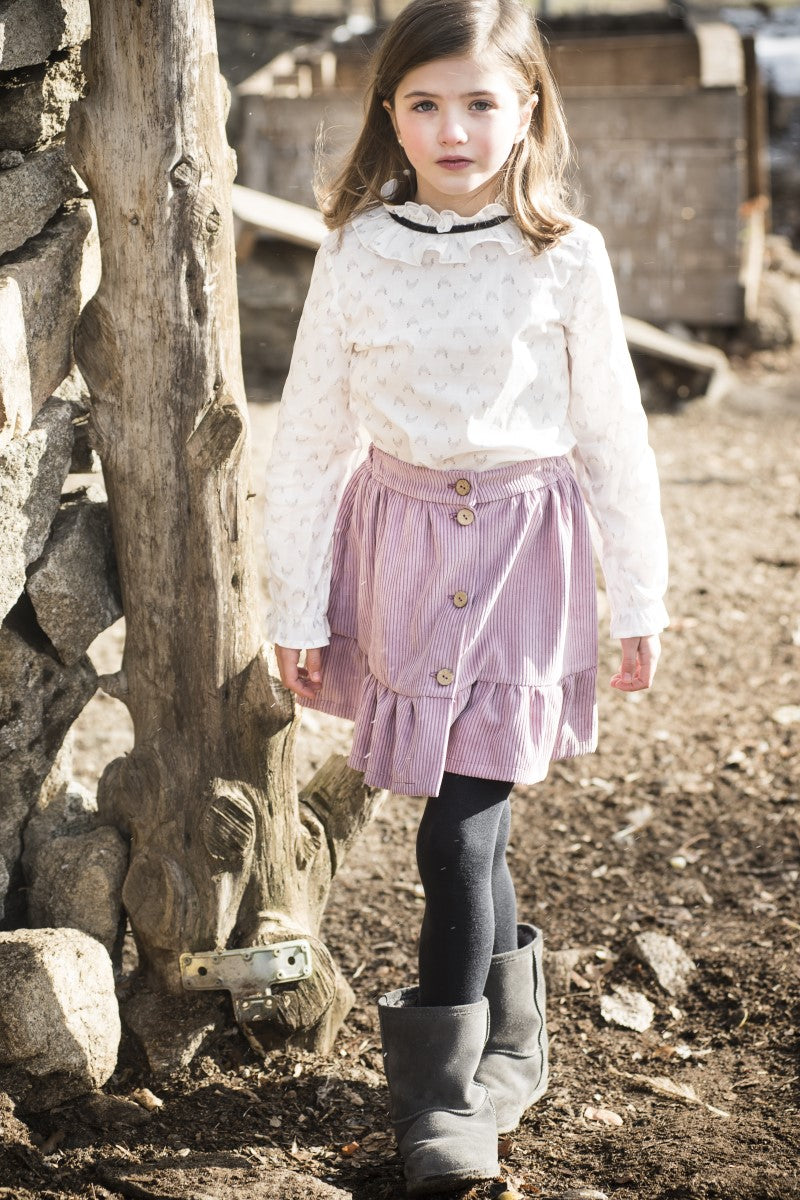 FAL05 Falda abotonada volante pana rosa viejo