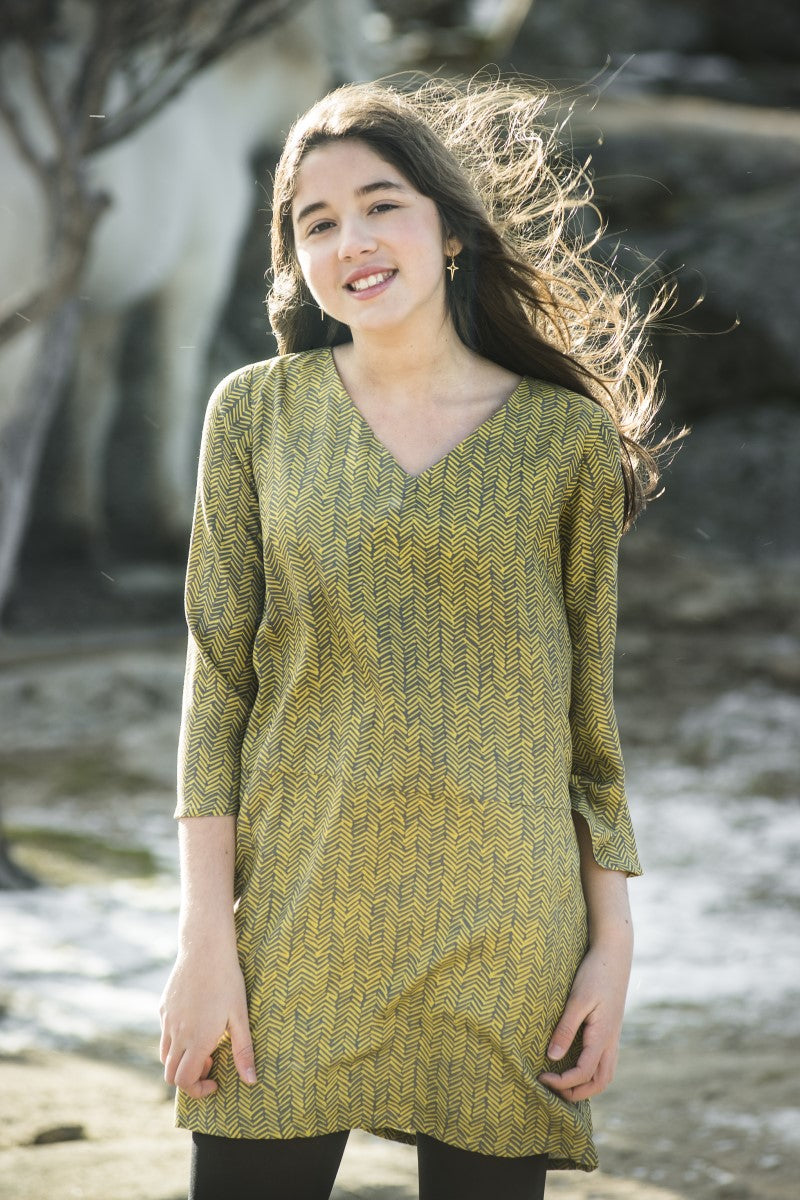 VEST02 Vestido túnica étnico mostaza gris