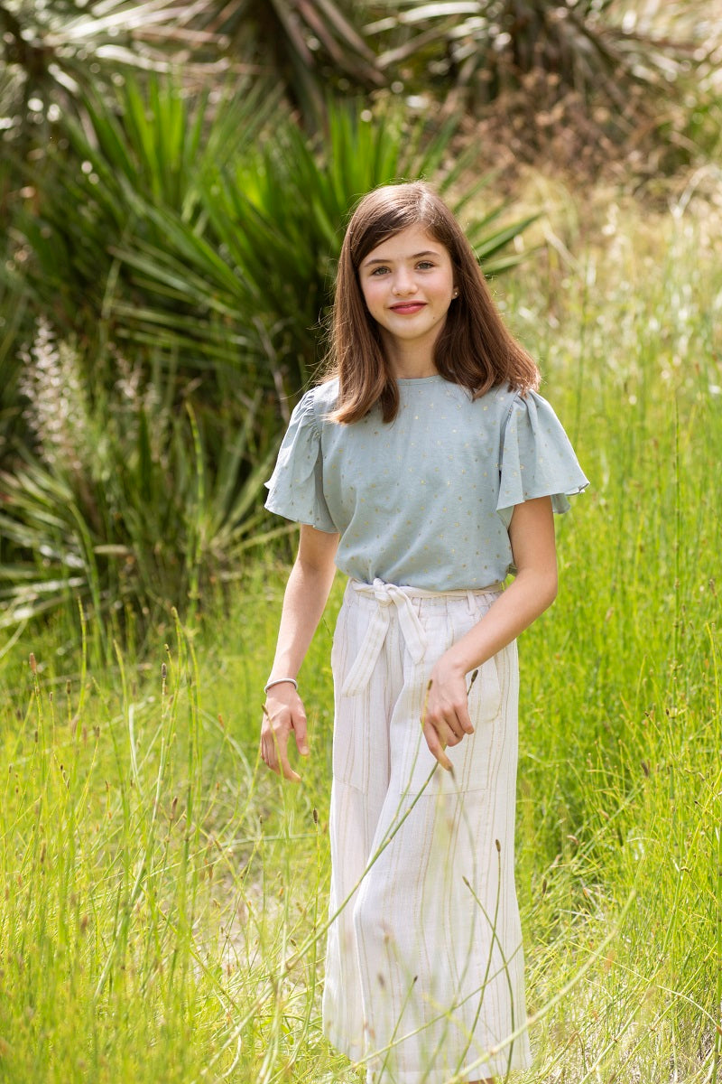 PAN04 Pantalón capri blanco rayas oro