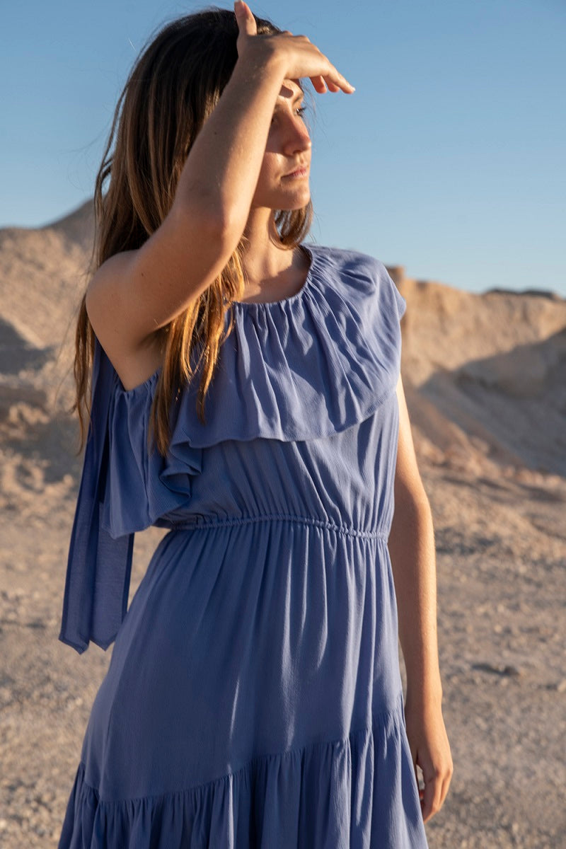 VEST01 Vestido corto volante asimétrico azul