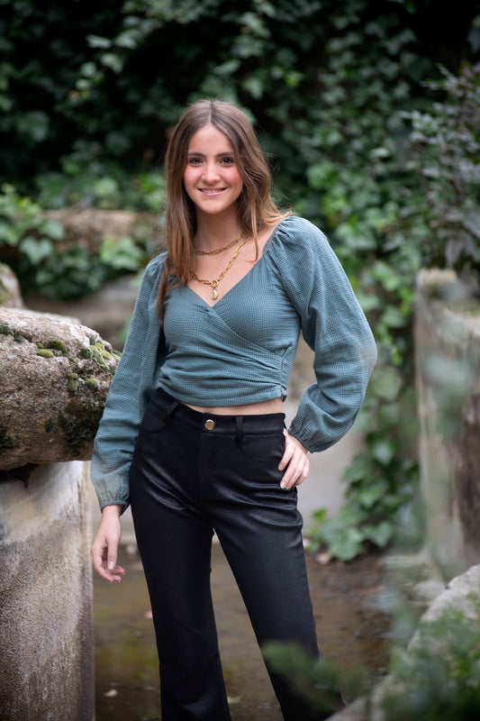 BLUT05 Blusa boho vichy verde/antracita