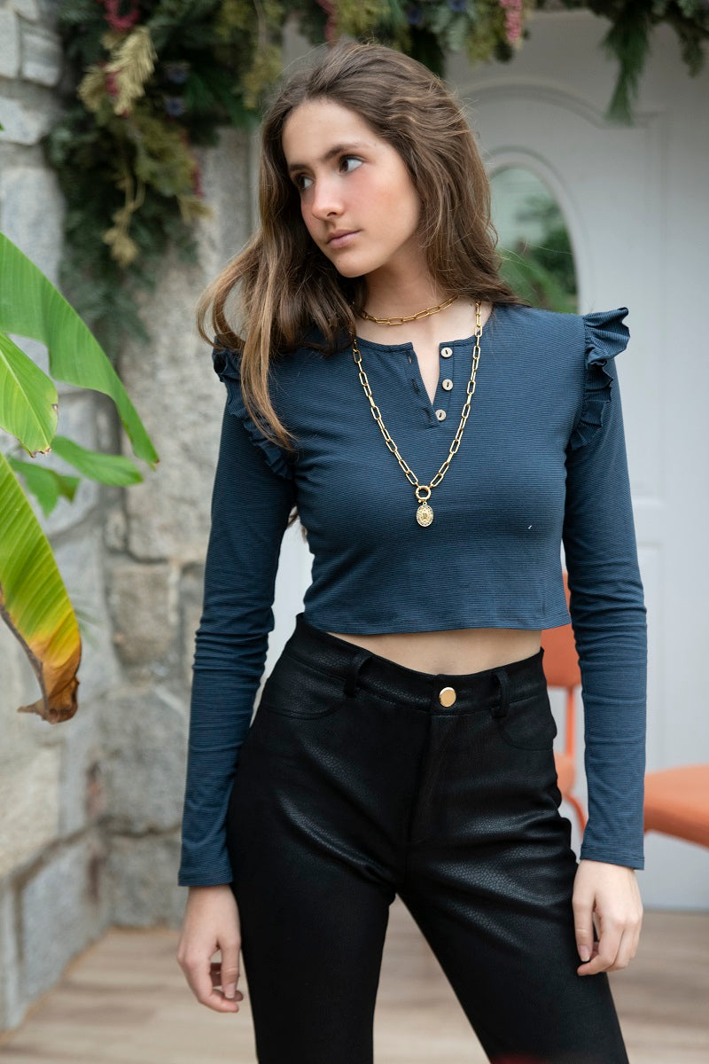 KAMT02 Camiseta cropped listas azul/negro