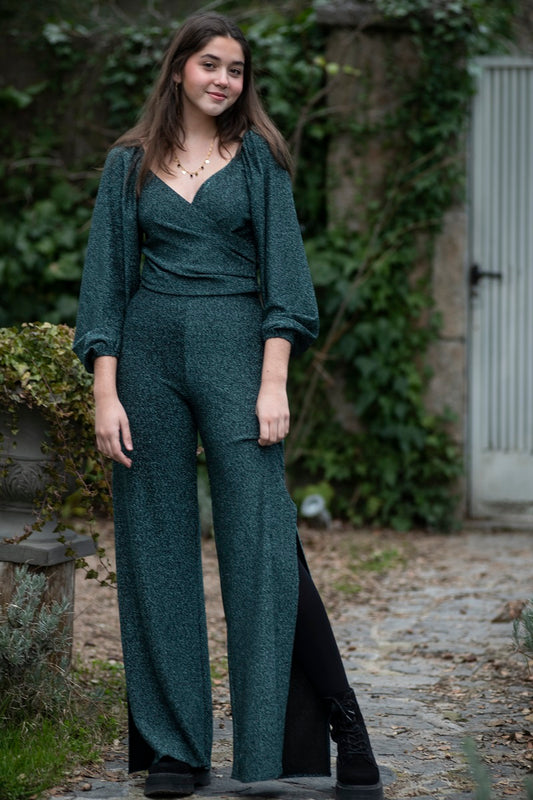 PANT03 Pantalón fluido brillo verde