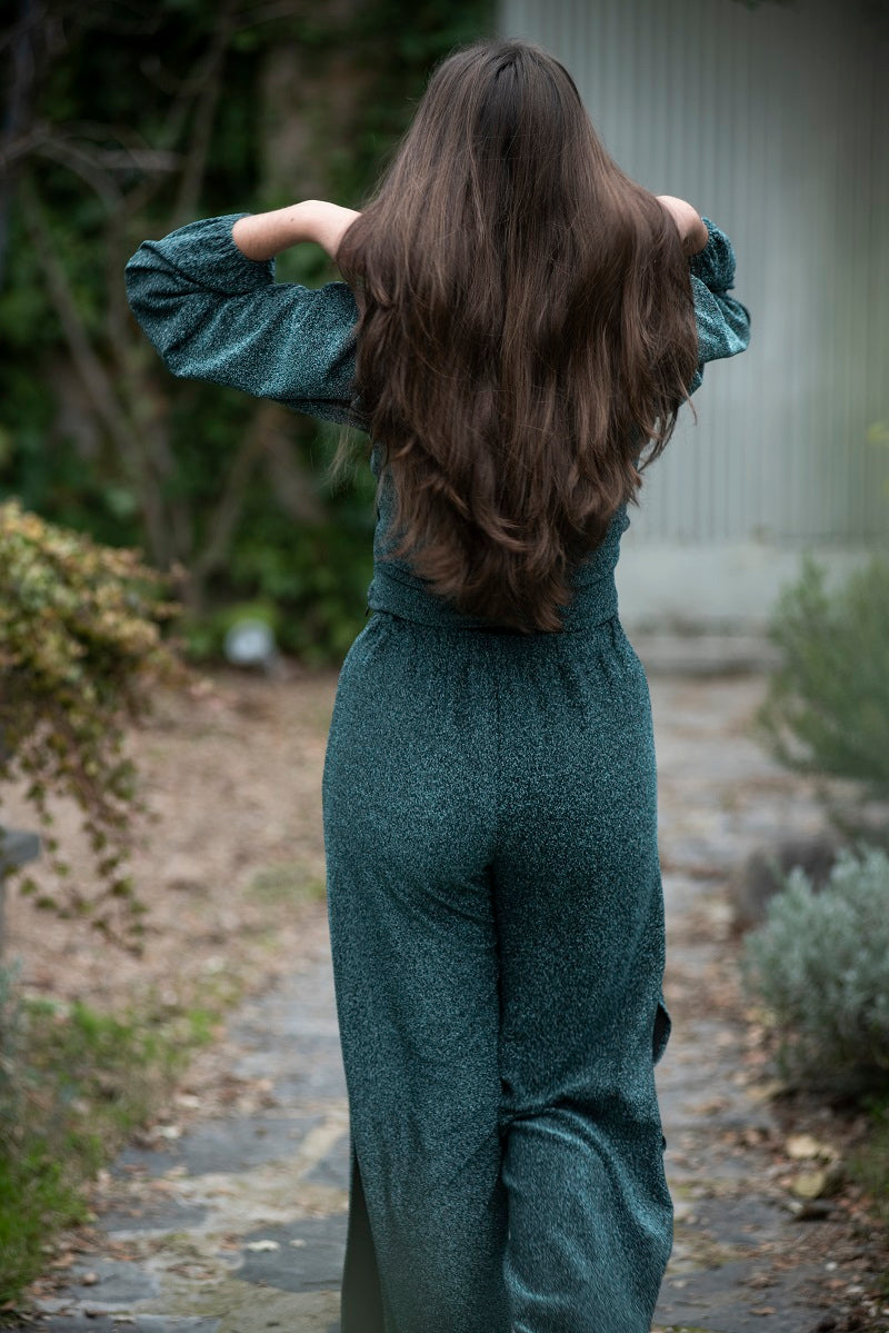 PANT03 Pantalón fluido brillo verde
