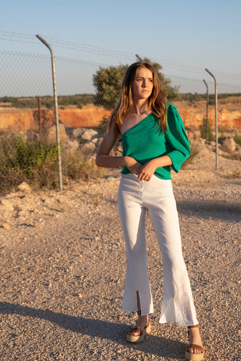 PANT05 Pantalón largo campana blanco roto