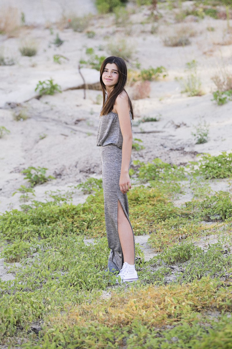 PANT05 Pantalón largo fluido puinto gris plata