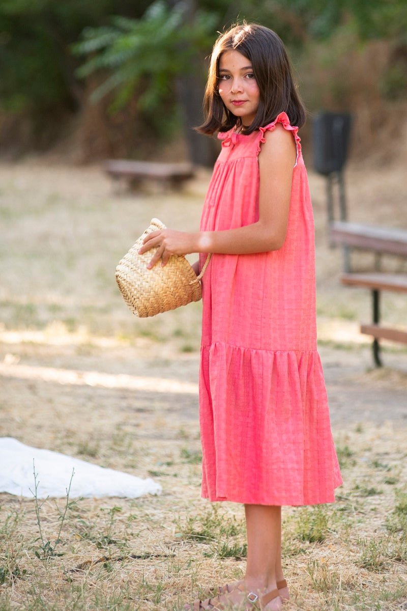 VES09 Vestido largo liso encajes coral