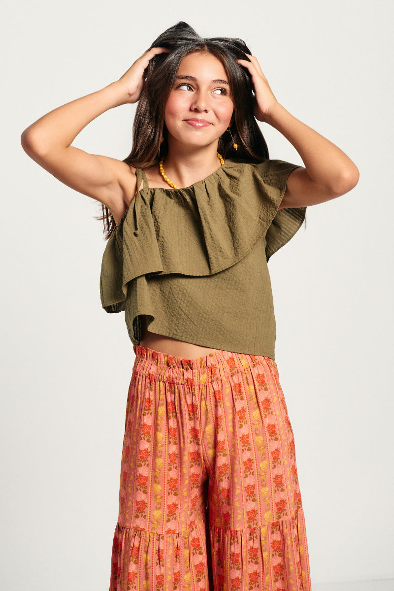 Blusa asimétrica volante kaki