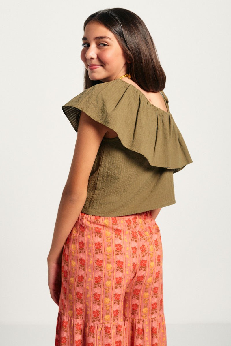 Blusa asimétrica volante kaki