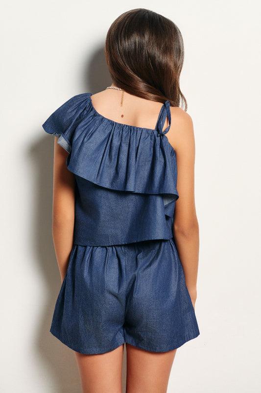 Blusa asimétrica volante denim