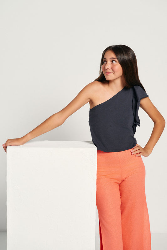 Camiseta asimétrica volante antracita