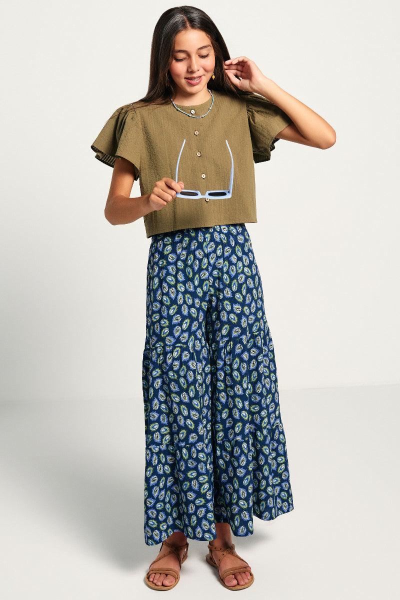 PAN04 Pantalón campana plumas azul