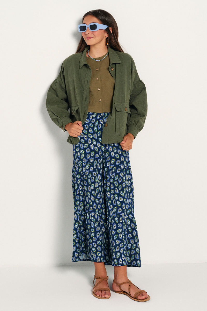 PAN04 Pantalón campana plumas azul