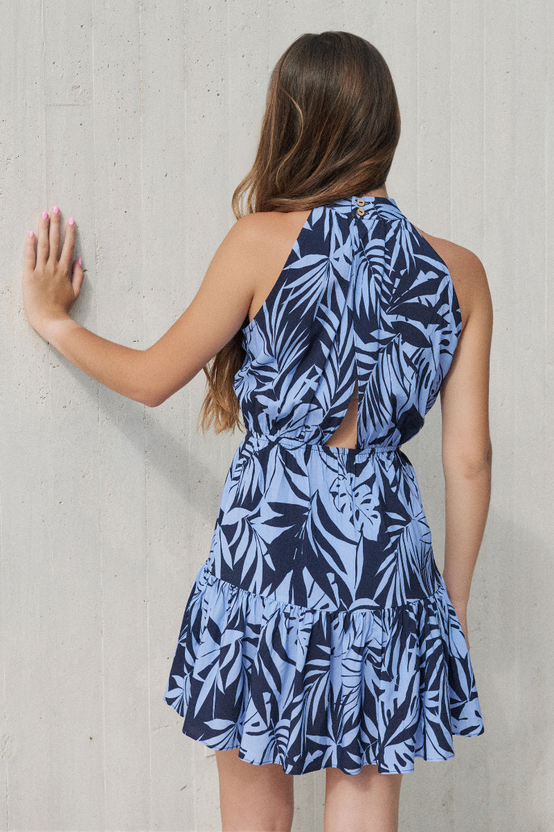 Vestido halter hojas azul