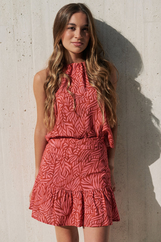 FAL04 Falda corta hojas coral